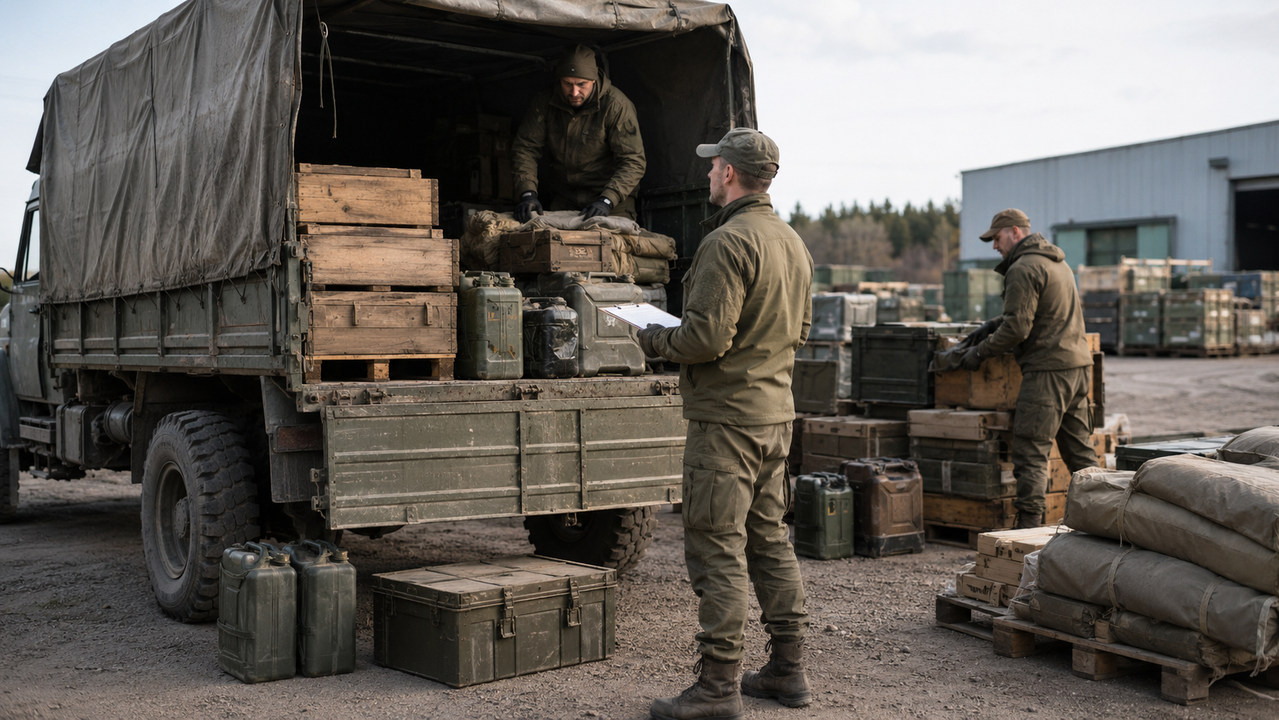 Загрузка снабжения в тыловом подразделении Военнослужащие подготавливают грузовой автомобиль к рейсу: проверяют размещение ящиков, имущества и запасов, необходимых для обеспечения подразделения. Изображение подчёркивает роль водителя в тыловой логистике и доставке материальных средств.