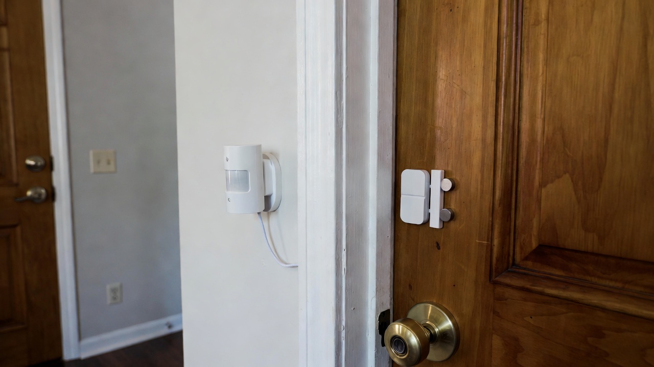 Small IoT motion sensor and door contact sensor mounted near an entryway as part of a beginner smart home setup