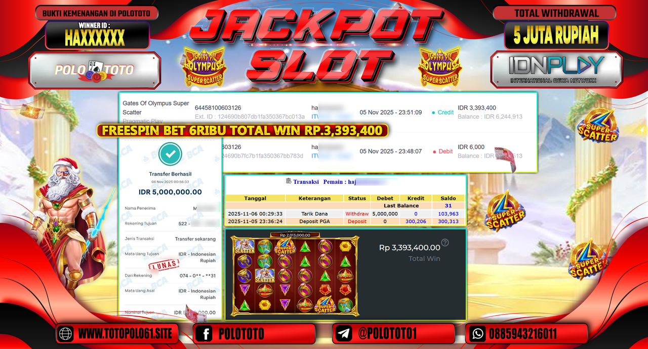 POLOTOTO JACKPOT SLOT GATES OF OLYMPUS SUPER SCATTER Rp.5.000.000,- LUNAS