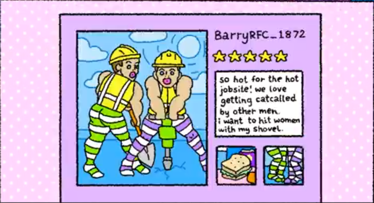 tights review from Barry RFC 1872 two men working in construction one with ajackhamer the other a shovel so hot for the hot jobsite we love getting catcalled by other men I want to hit women with my shovel