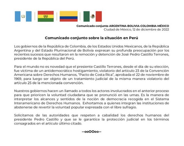 Argentina, Colombia, Bolivia y México no reconocen al nuevo gobierno peruano y piden respetar presidencia de Castillo Fj1-W2-QOWYAAGk-Nt