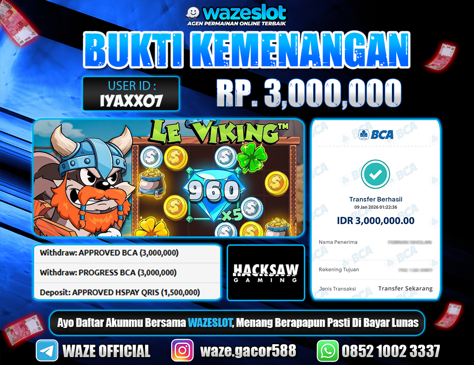 BUKTI KEMENANGAN 09 JANUARI 2026 GAME LE VIKING (HACKSAW GAMING)