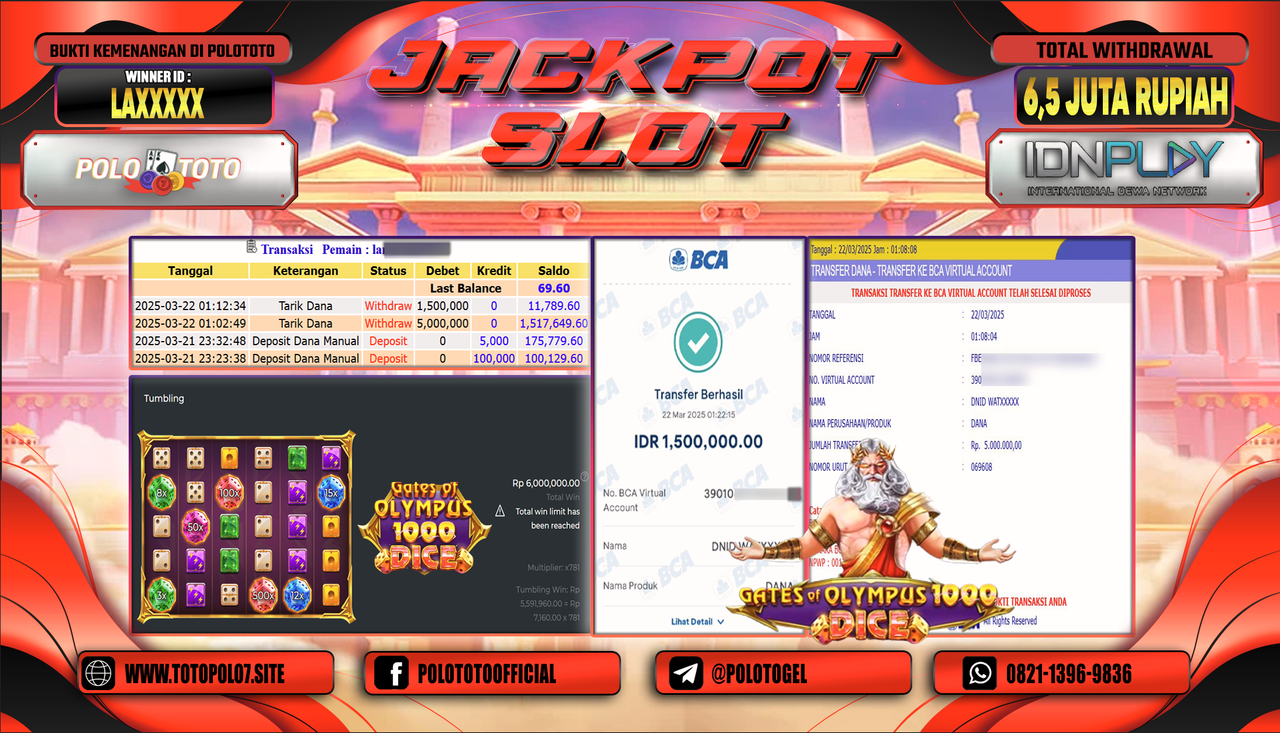 POLOTOTO JACKPOT SLOT GATES OF OLYMPUS DICE 1000 Rp.6.500.000,-