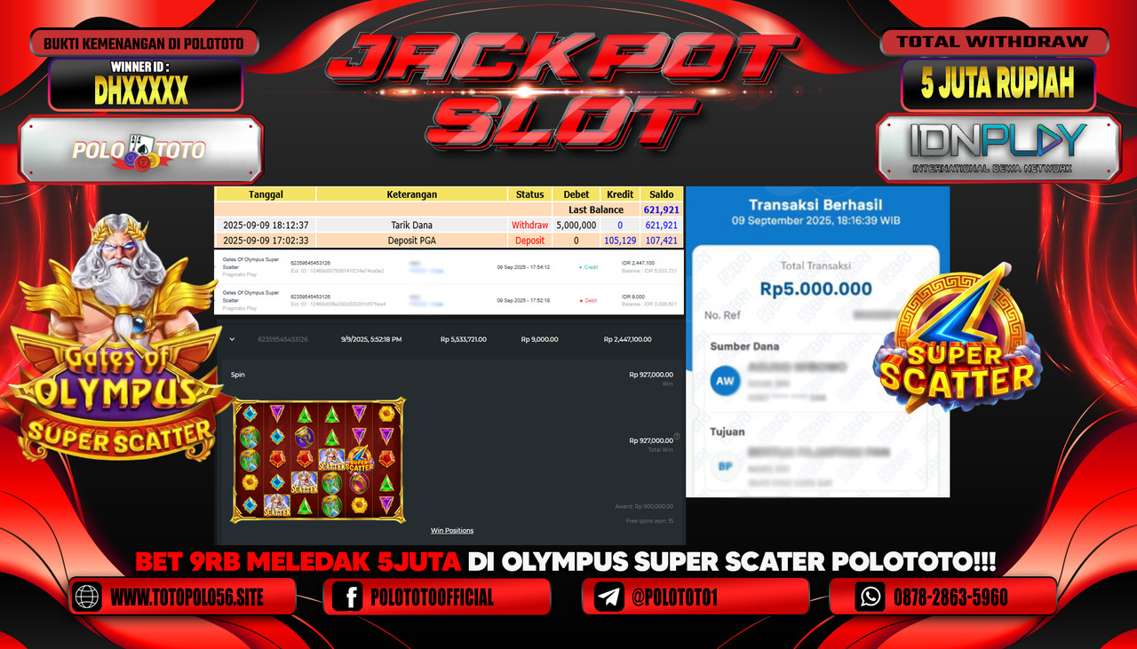 POLOTOTO JACKPOT SLOT GATES OF OLYMPUS SUPER SCATTER Rp.5.000.000,- LUNAS