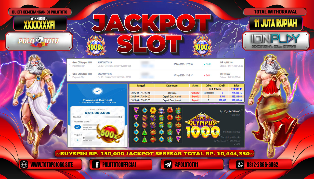POLOTOTO JACKPOT SLOT GATES OF OLYMPUS 1000 Rp.11.000.000,- LUNAS