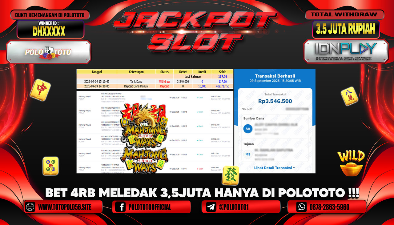 POLOTOTO JACKPOT SLOT MAHJONG WAYS 2 Rp.3.500.000,- LUNAS