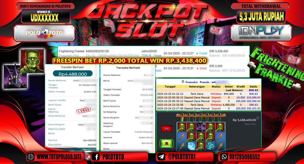 POLOTOTO JACKPOT SLOT FRIGHTENING FRANKIE Rp.5.300.000,- LUNAS