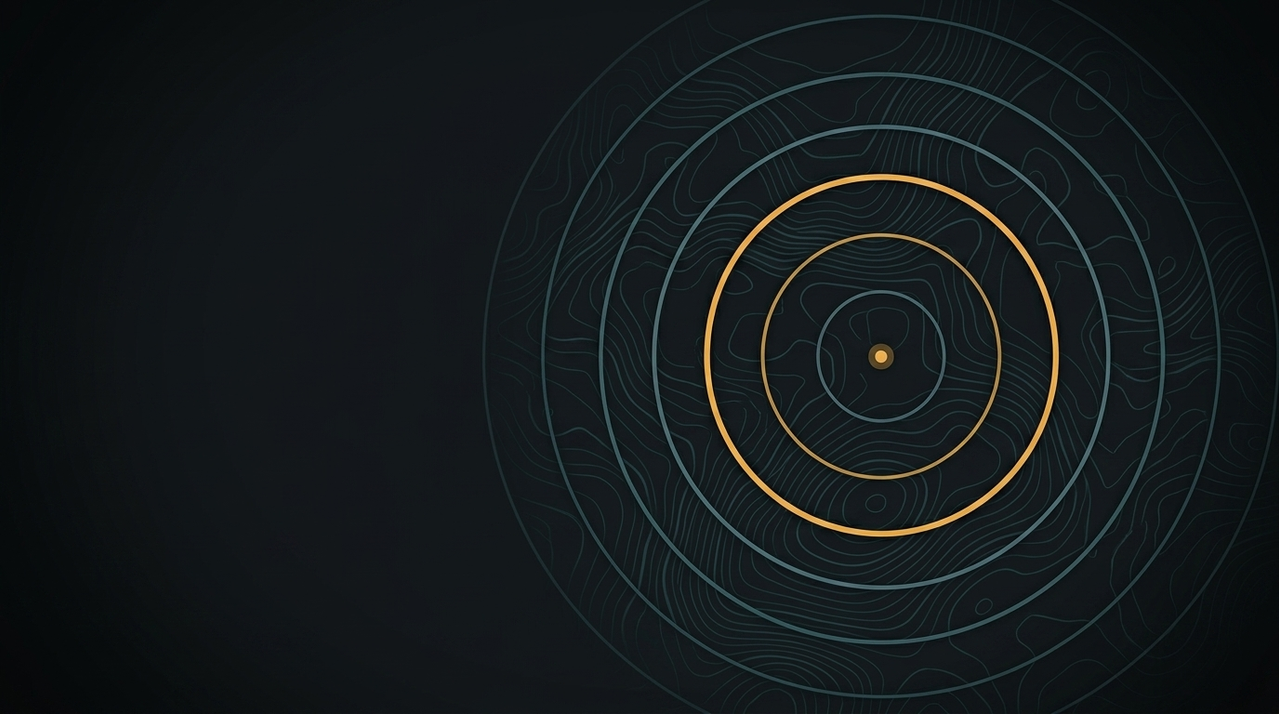 Concentric rings expanding from a single point over dark terrain contours, one ring highlighted in amber