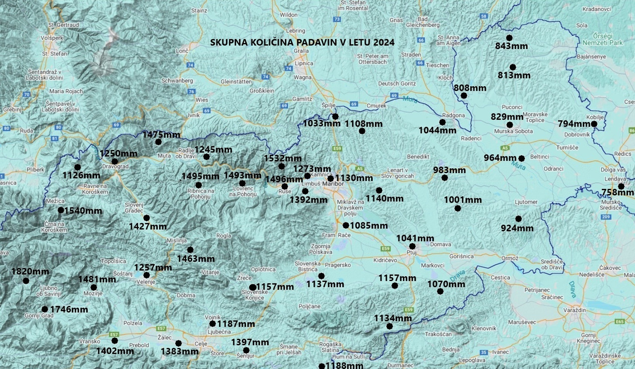 Skupna količina padavin v letu 2024 na reliefu (SV-S Slovenije). (2)