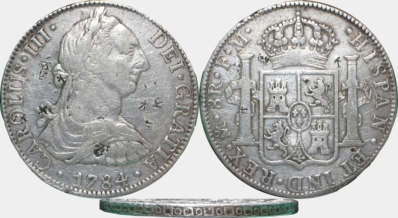 8 Reales 1784. Carlos III. México FM. Con resellos orientales. 8-R-Carlos-III-1784-Mexico-FMg-300pix