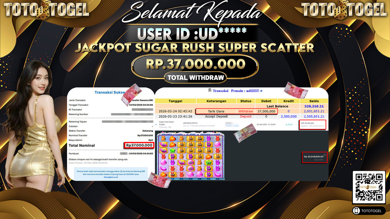 Bukti Pembayaran Jackpot Permainan Slot Sugar Rush Super Scatter ID:UD*****LUNAS