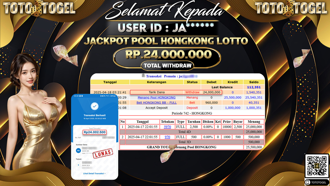 Bukti Pembayaran Jackpot  Permainan Togel Pool Hongkong Lotto ID:JA****** LUNAS