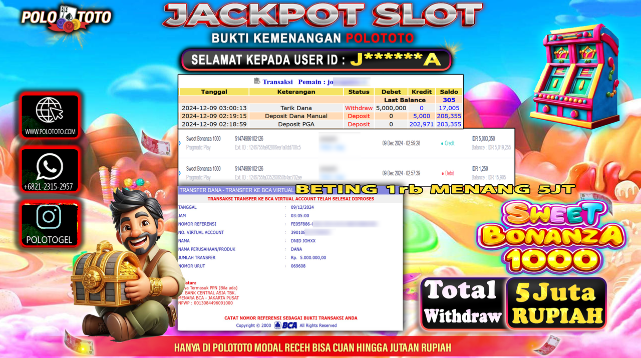 POLOTOTO JACKPOT SLOT SWEET BONANZA 1000 Rp.5,000.000,-