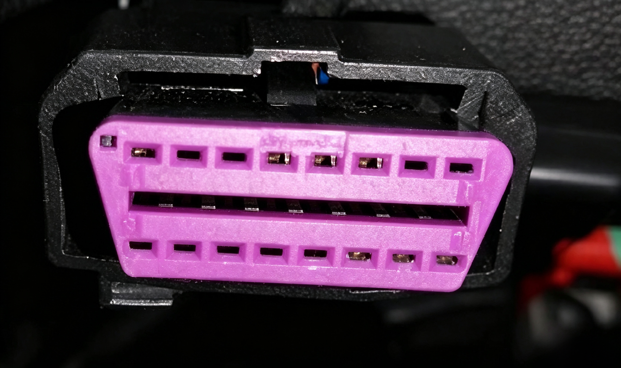 Vehicle 16-pin OBD2 DLC port ready for connecting a diagnostic scanner