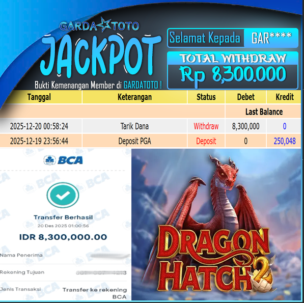 JACKPOT DI PERMAINAN SLOT PG SOFT Dragon Hatch 2  WD Rp 8,300.000,- DIBAYAR LUNAS GARDATOTO MANTAP !
