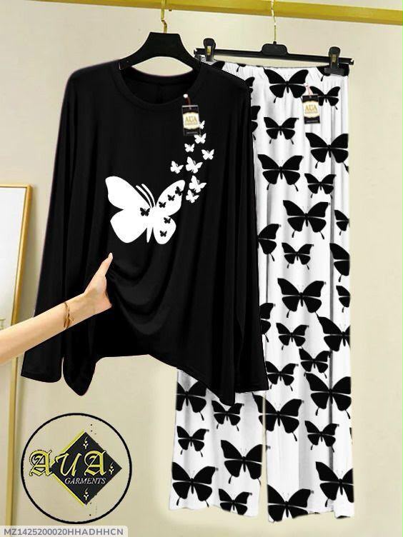 Women's Butterfly Graphic Printed Jersey 2-Piece Night Suit - Midnight Black