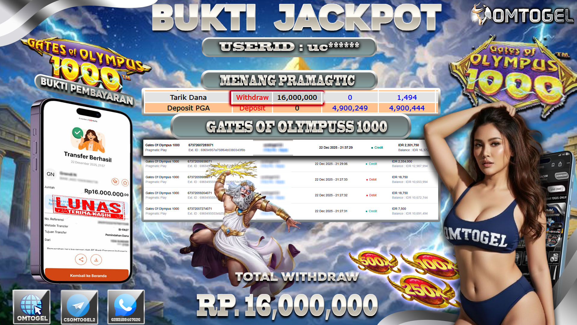 OMTOGEL JACKPOT PRAGMATIC PLAY GATES OF OLYMPUS 1000 , 16  JUTA DI BAYAR LUNAS ,-