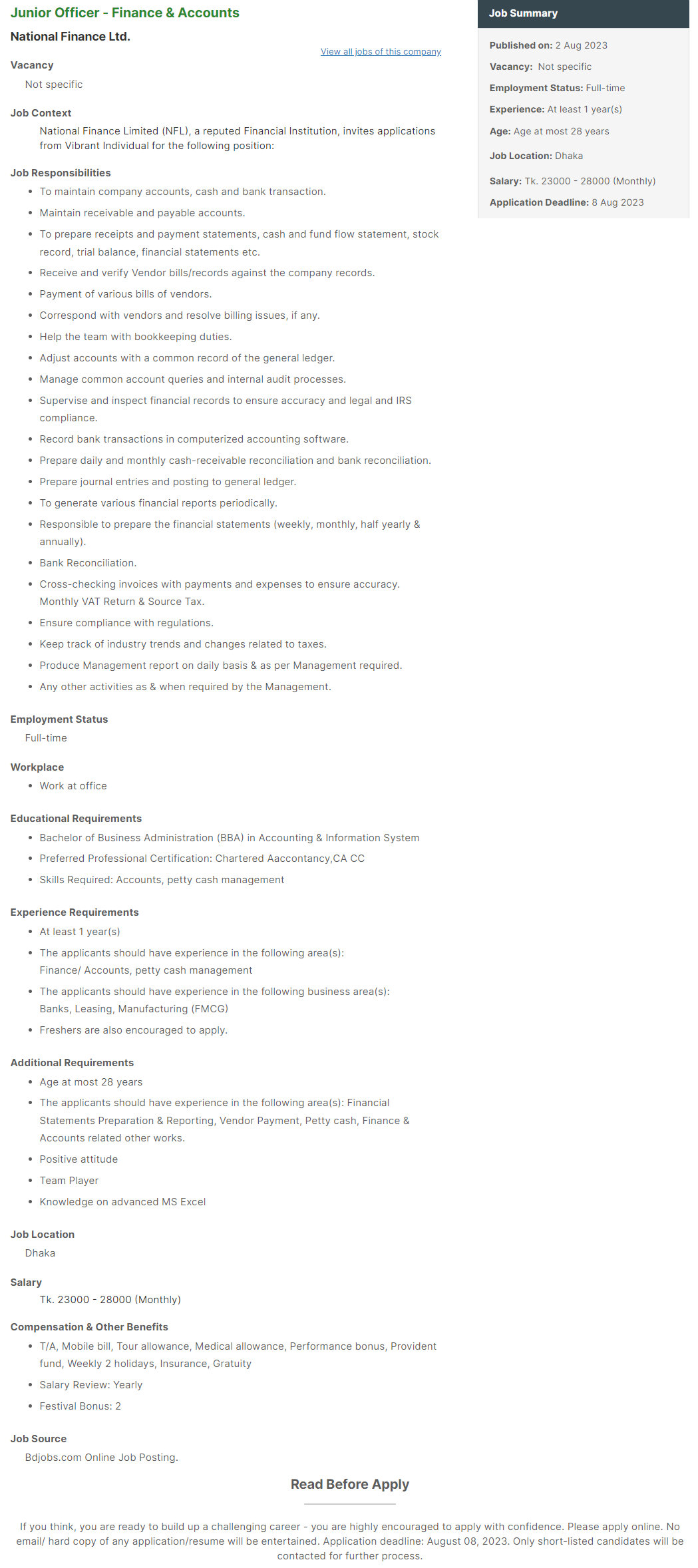 National Finance Job Circular