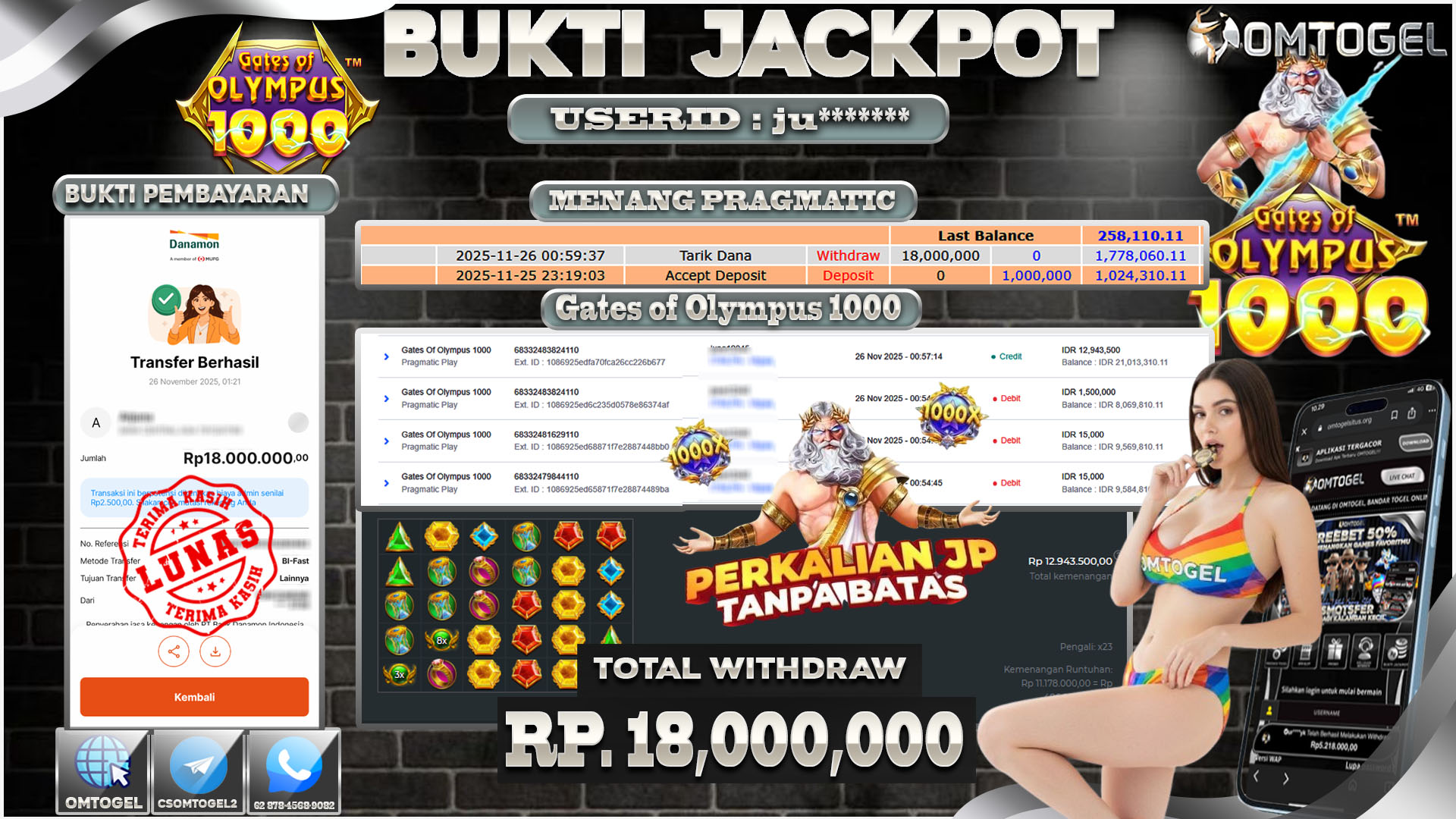 OMTOGEL JACKPOT PRAGMATIC PLAY GATES OF OLYMPUS 1000  ,18 JUTA DI BAYAR LUNAS ,-