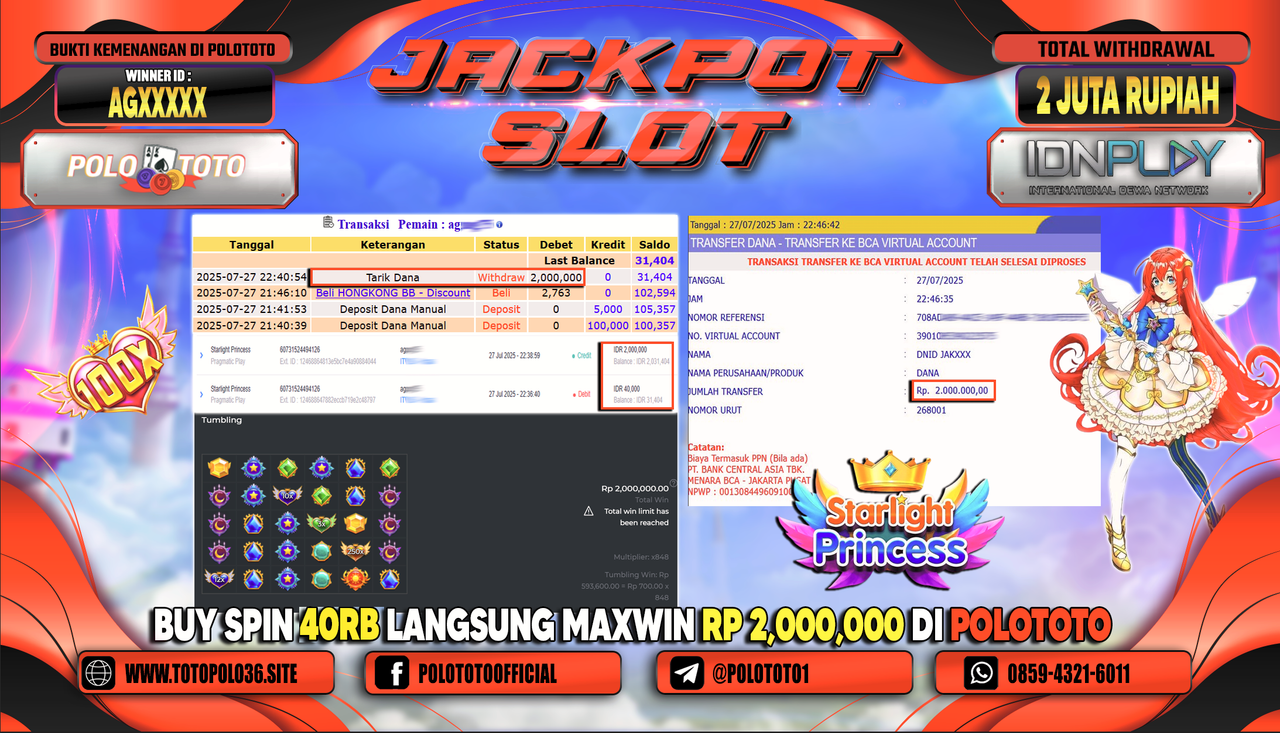 POLOTOTO JACKPOT SLOT STARLIGHT PRINCESS Rp.2.000.000,-LUNAS
