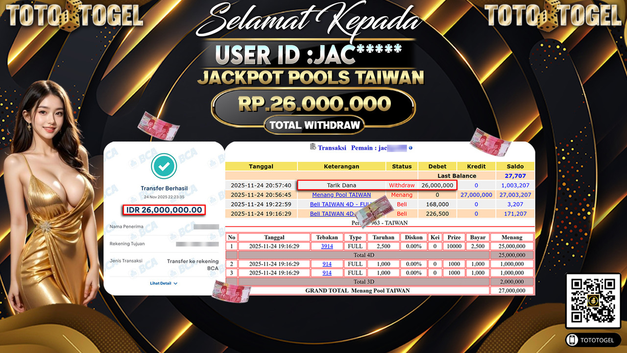 Bukti Pembayaran Jackpot Permainan Togel Pools Taiwan ID:JAC***** LUNAS