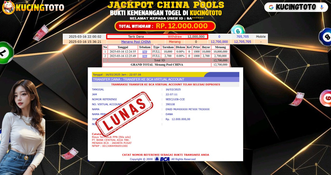 KUCINGTOTO JACKPOT TOGEL CHINA POOLS RP.12.000.000.,- LUNAS