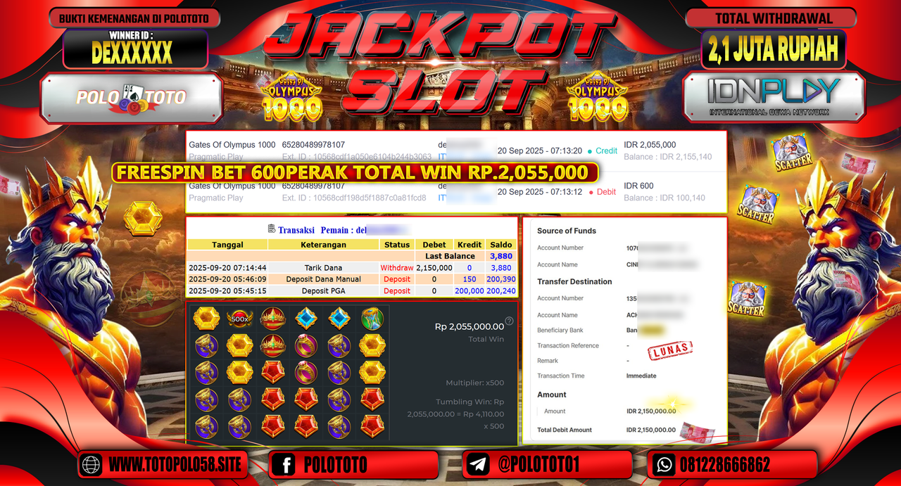 POLOTOTO JACKPOT SLOT GATES OF OLYMPUS 1000 Rp.2.150.000,-