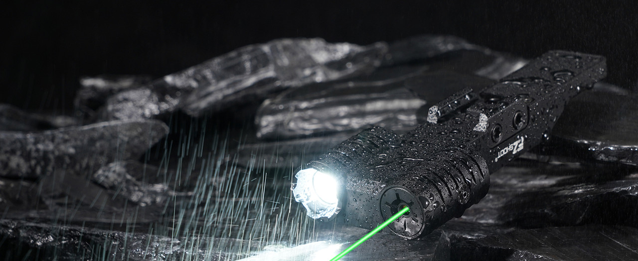 Rechargeable weapon light featuring EZshoot 1600 lumen tactical flashlight and bright green laser sight