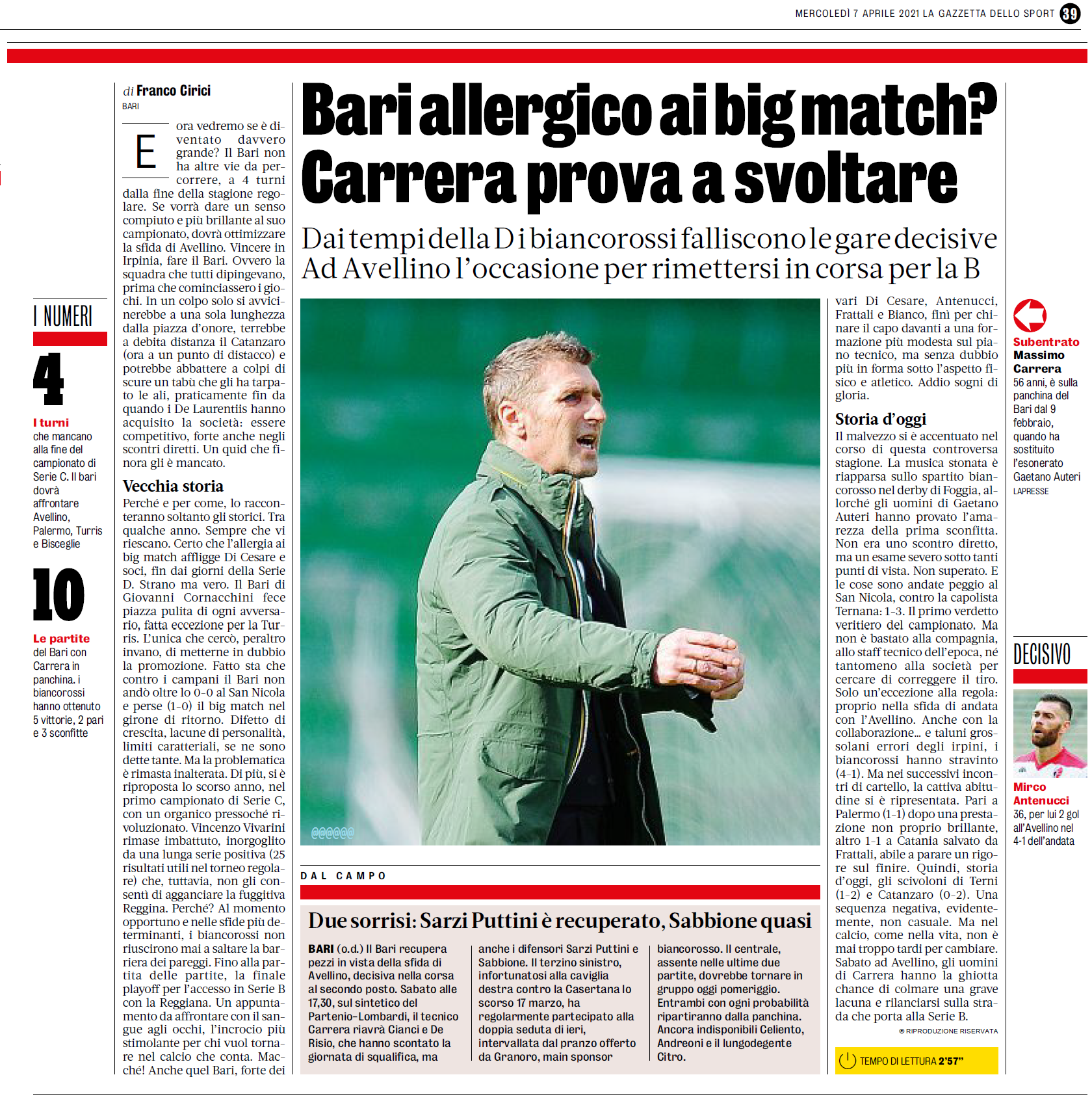 07/04/21 - GdS - Bari allergico ai big match? Carrera ... Gds