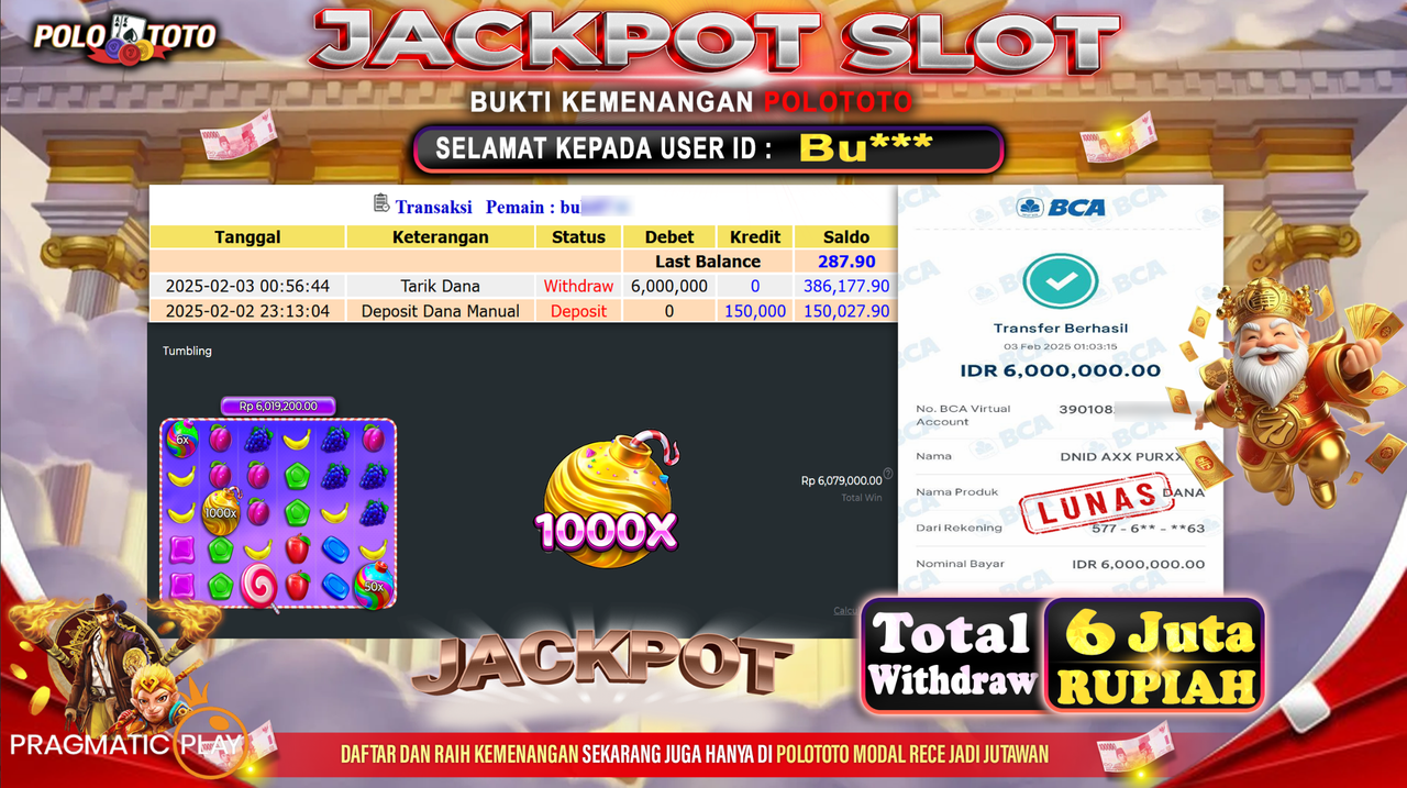 POLOTOTO JACKPOT SLOT SWEET BONANZA 1000 Rp.6,000.000,-