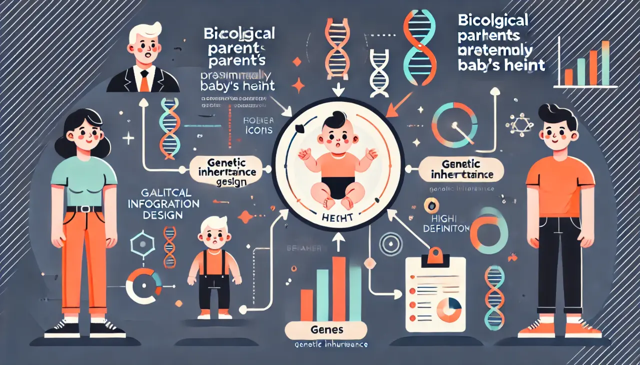 Flowchart showing that a baby’s height is primarily determined by the biological parents’ genetics.