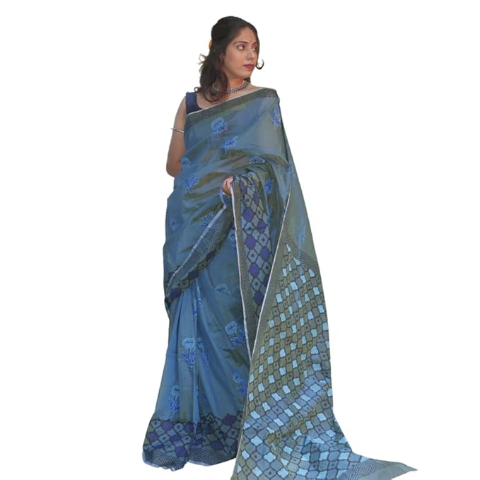 Hand Block Printed Blue Saree With Teal Blue and Black Motifs