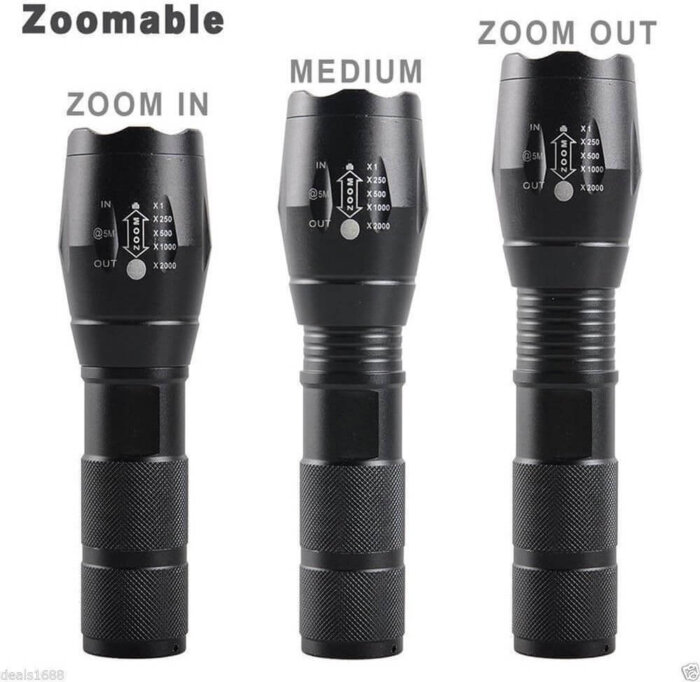 Linterna LED de alto alcance proyectando un potente haz de luz.