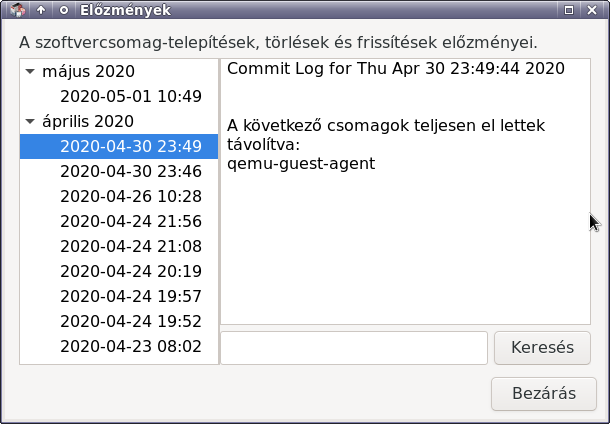 Synaptic - előzmények (telepítés, törlés, frissítés)
