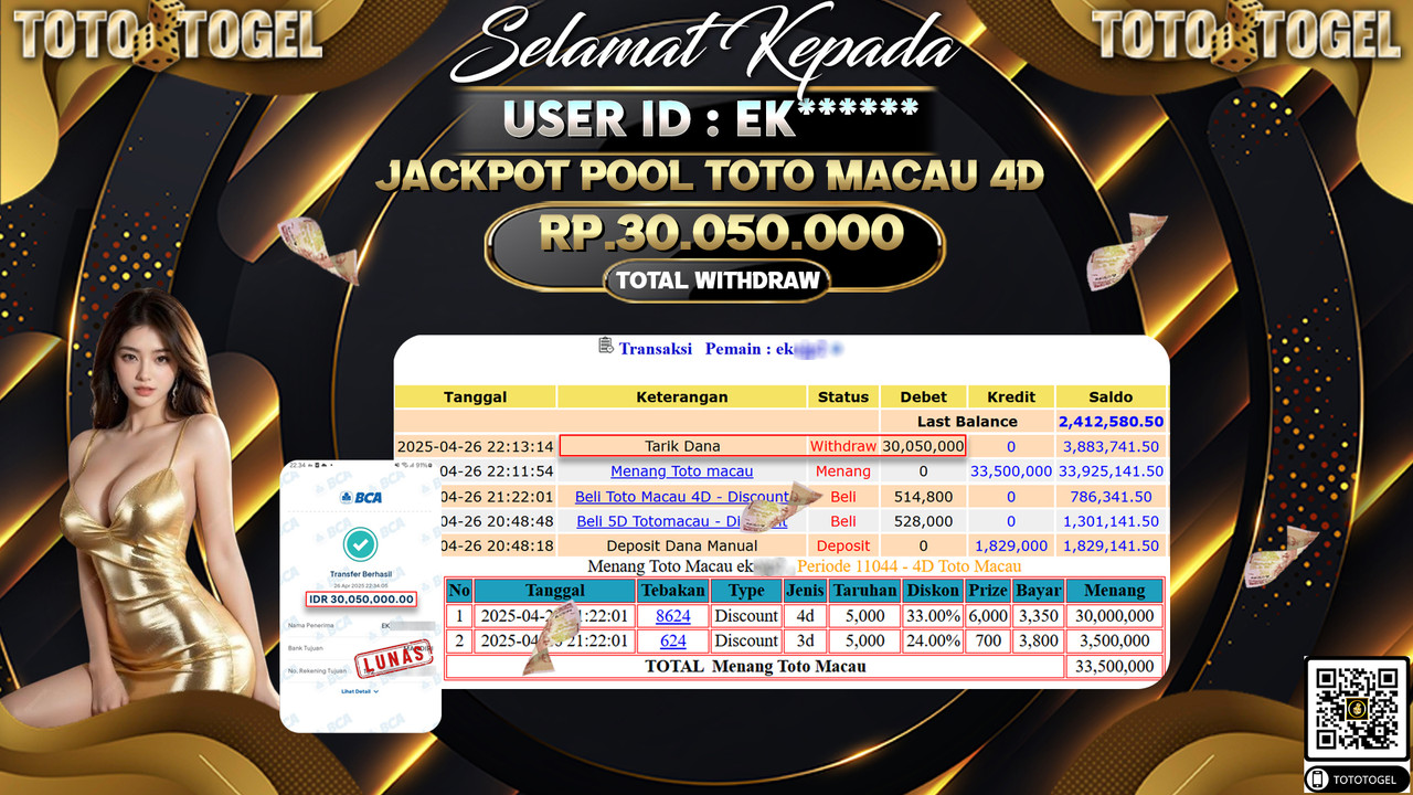 Bukti Pembayaran Jackpot  Permainan Togel Pool Totot Macau 4D ID:EK***** LUNAS