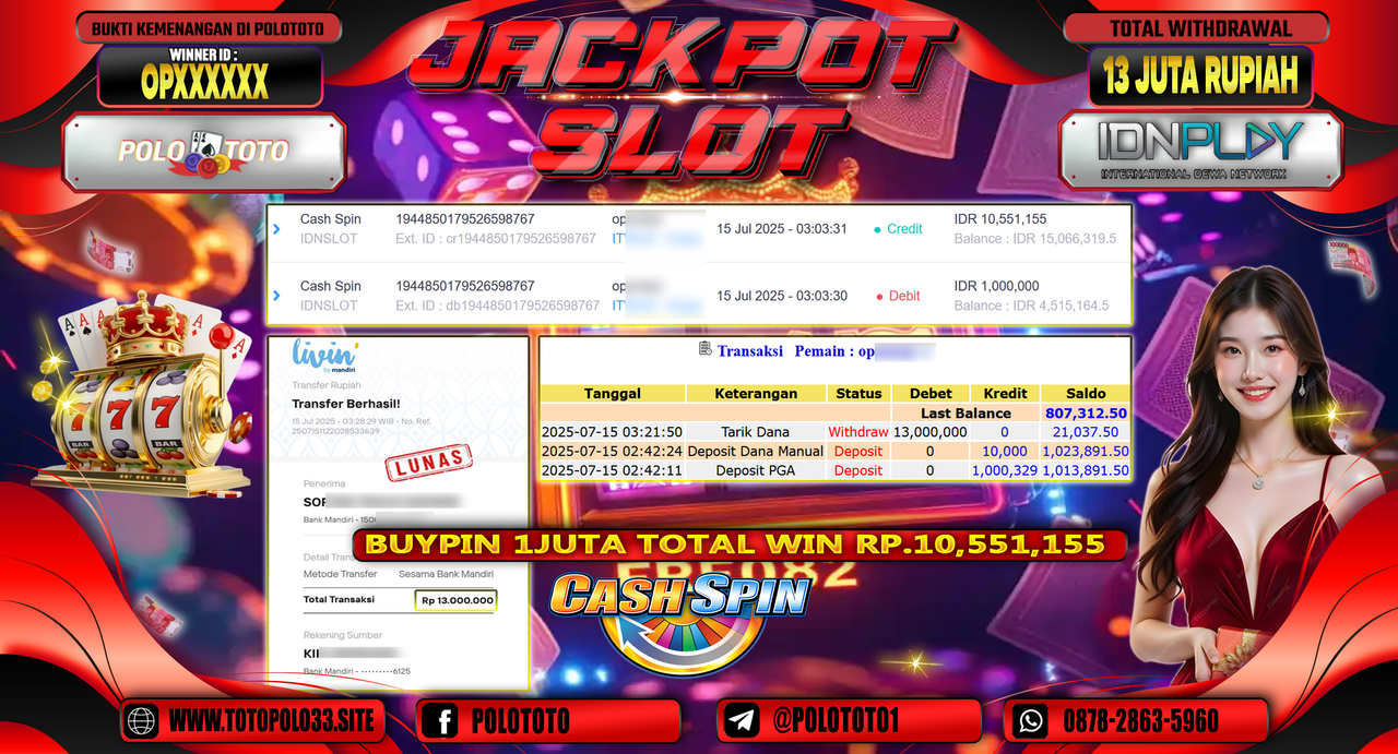 POLOTOTO JACKPOT SLOT CASH SPIN Rp.13.000.000,-
