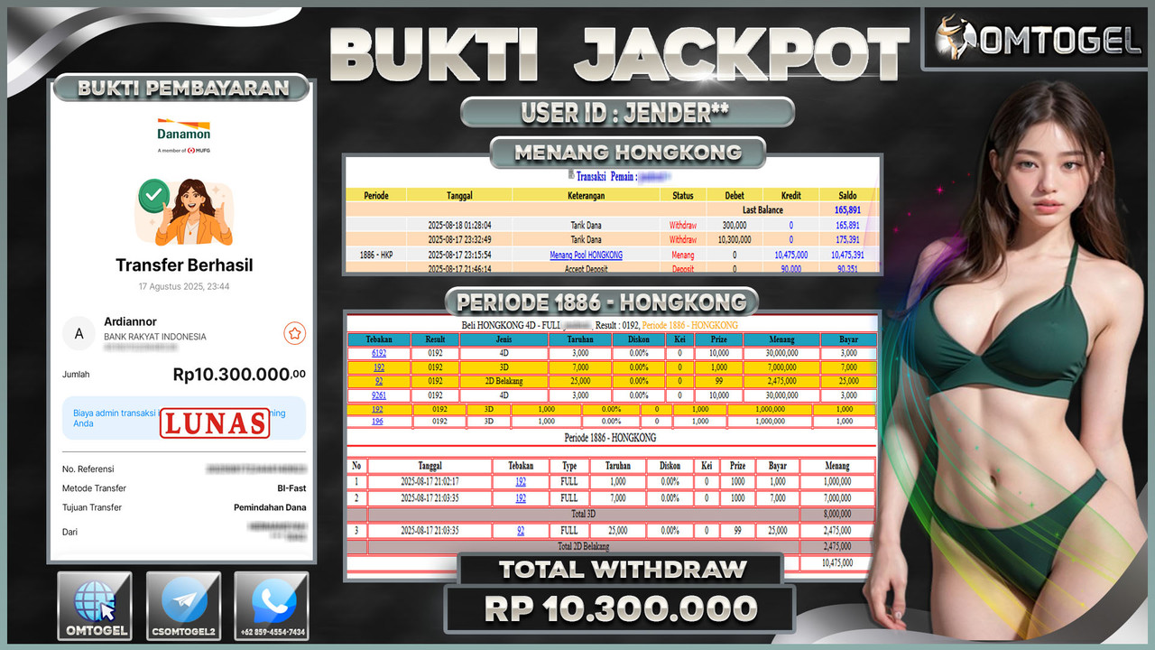 OMTOGEL JACKPOT HONGKONG 3D 2D 10 JUTA DI BAYAR LUNAS ,-