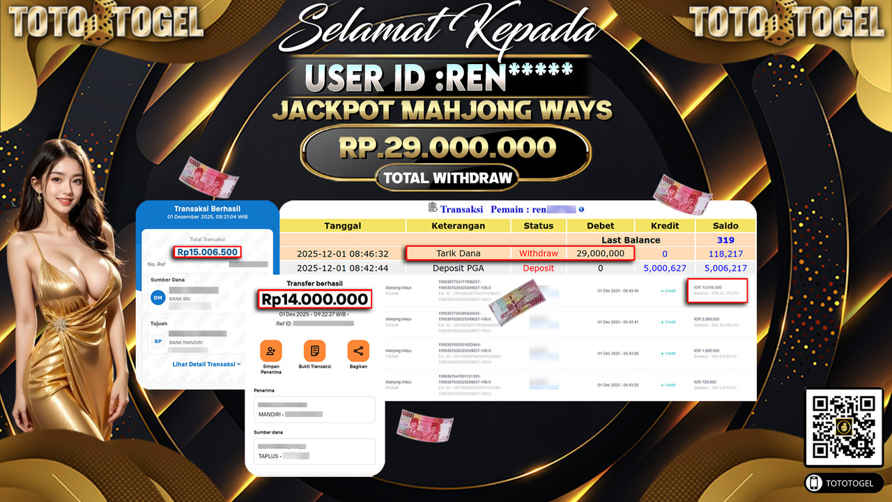 Bukti Pembayaran Jackpot Permainan Slot Mahjong Ways ID:REN***** LUNAS
