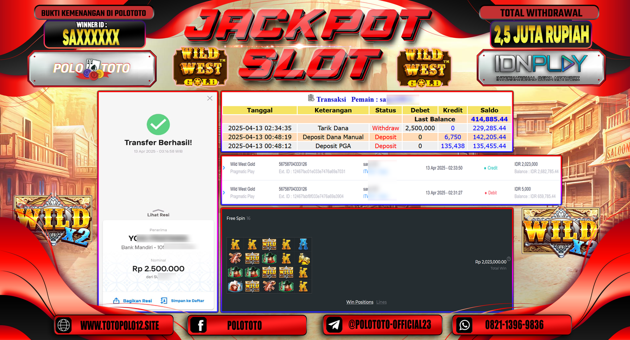 POLOTOTO JACKPOT SLOT WILD WEST GOLD Rp.2.500.000,-