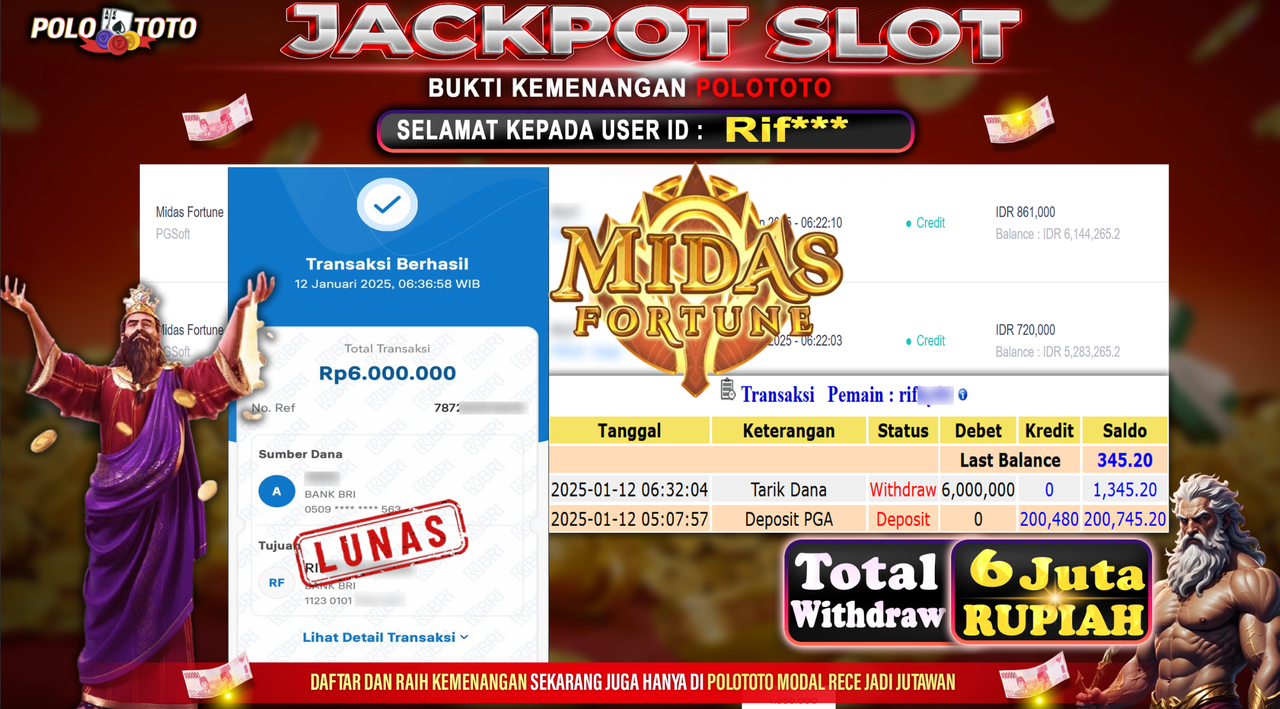 POLOTOTO JACKPOT SLOT MIDAS FORTUNE Rp.6,000.000,-