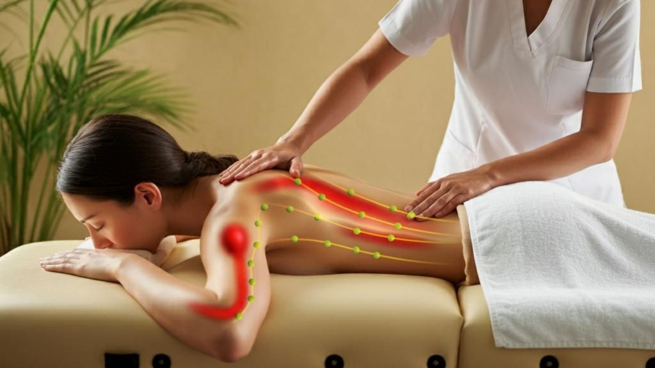 Minh họa cơ chế massage trị liệu giảm đau lưng: vùng cơ co cứng và các điểm tác động dọc cột sống