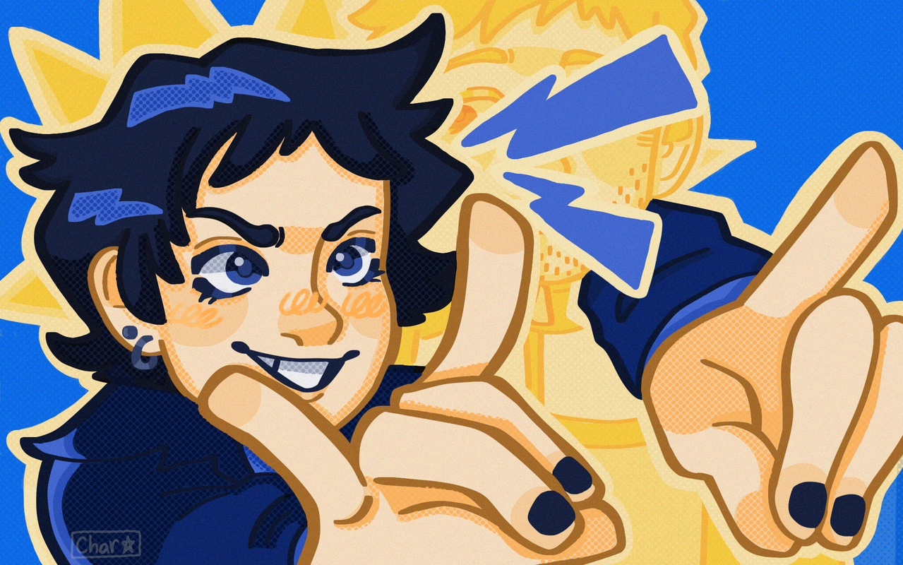 A digital redraw of a screenshot of Wallace from Scott Pilgrim Takes Off, drawn in a majorly blue and yellow color palette. Wallace's arm is wrapped around another man, who is drawn in shades of yellow, blending into the background. Wallace is colored in mostly blue, his thumbs and middle fingers pressed together and arms stretched out to the camera. He has a confident expression, smiling wide with a furrowed brow.