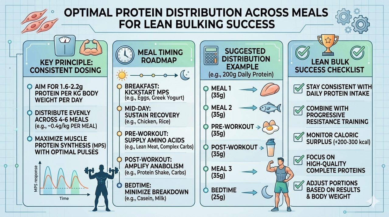 Protein timing chart showing optimal distribution across meals for how to lean bulk successfully