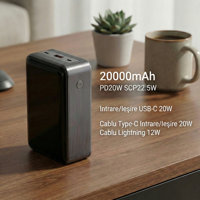 Baterie Externa Daden 20.000mAh, Power Bank Portabil, Incarcare Rapida 22.5W, 3 Porturi, Display LED, Compatibil Apple, Samsung, Universal, Cablu Inclus, Type-C, Lightning, Micro-USB, USB-A, Gri