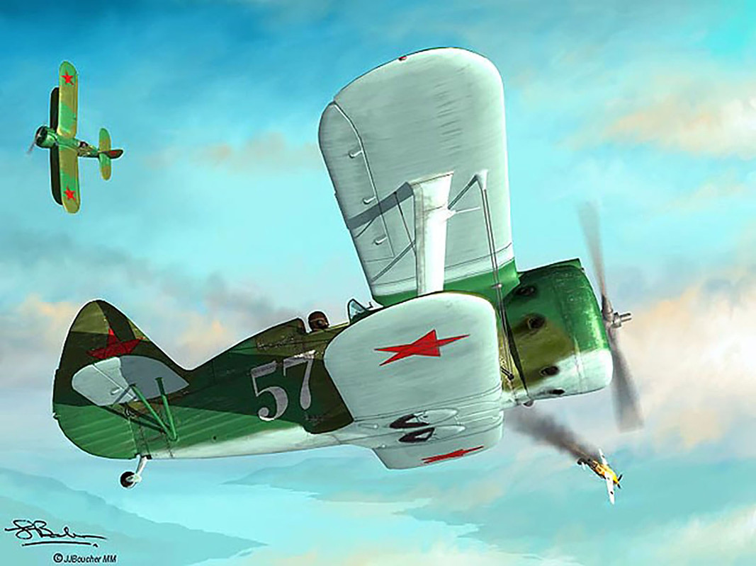 Artwork-depicting-a-Polikarpov-I-153-in-combat-with-a-Messerschmitt-Bf-109-during-the-great patrioti