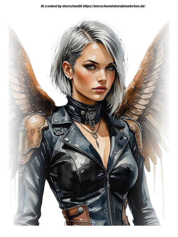 hells angel ,steampunk in black leather clothes, silver short Hair, aquarellpainting 4k, full body (