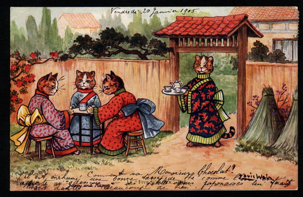 Louis-Wain-Animaux-en-posture-detre-humain-Chat-en-kimono-buvant-le-the-dans-un-jardin-japo-Mei