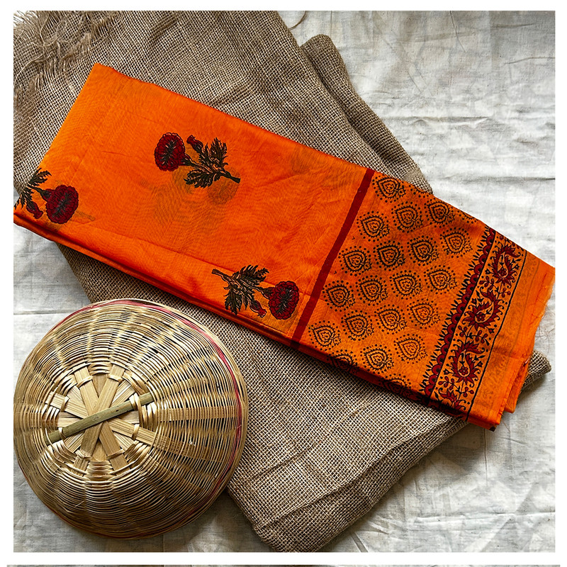 Hand Block Printed Orange Chanderi Silk Kurti Material with Red Floral Buttis