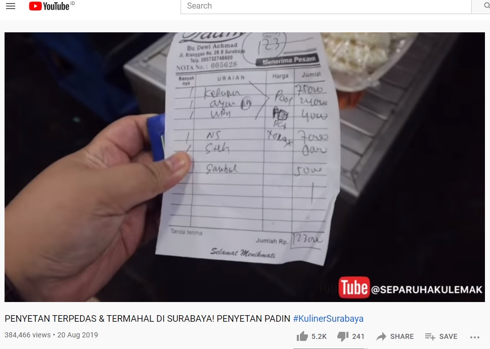 Nota pembelian di Penyetan Padin.