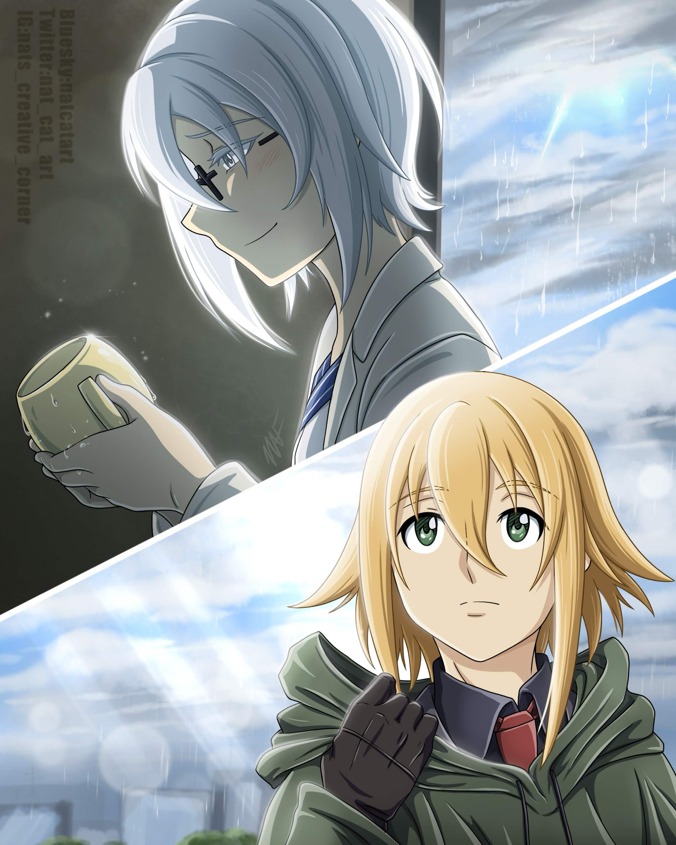 Annette fondly looking at pale yellow mug. Meanwhile, Theo is looking back where he came, walking away while the sky is clearing up.